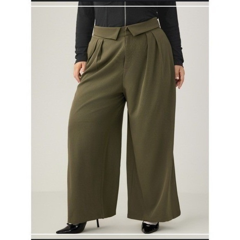 Cider Pants L Olive Wide Leg Pleated High Rise Utility Trouser Modern Minimalist
